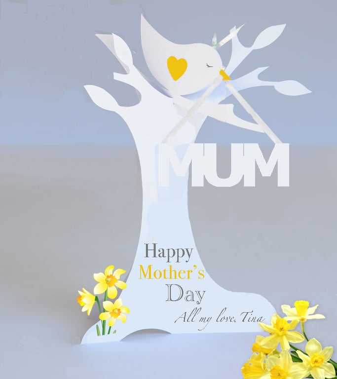 Personalised 3D Paper Cut Popup Mother's day Card with Daffodil detail.
