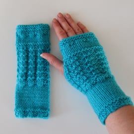 Fingerless Gloves Mittens Wrist Warmers in Turquoise Aran Wool