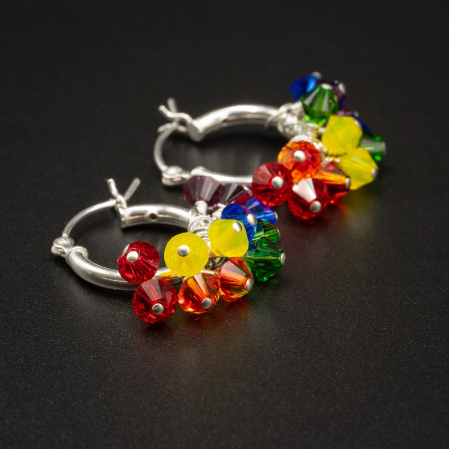 Rainbow cluster hoop earrings with Swarovski crystal bead and sterling silver