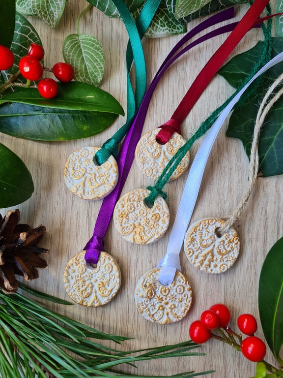 2 clay gift tags gold accent Christmas decorations choice of string or ribbon