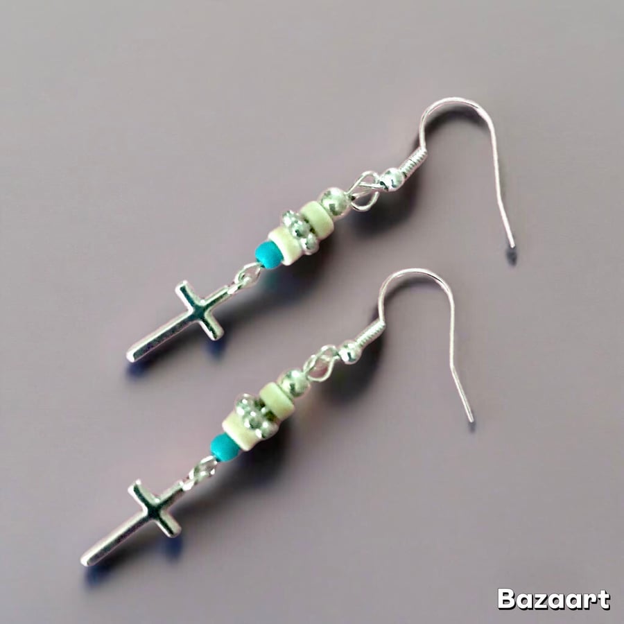 Cross earrings, Semi Precious Turquoise Beads on Silver Plate