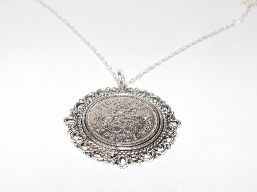 Fancy Pendant 1953 Lucky sixpence 68th Birthday plus a Sterling Silver 18in Chai