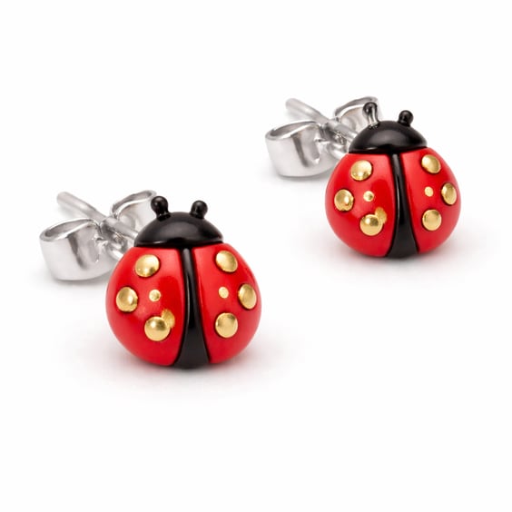 Ladybird Earrings – Handmade Clay Red & Gold Sterling Silver Studs