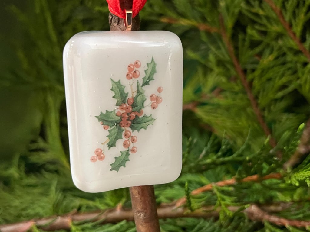 Unique Christmas Card with Artisan Fused Glass Holly Tree Decoration