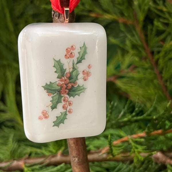 Unique Christmas Card with Artisan Fused Glass Holly Tree Decoration