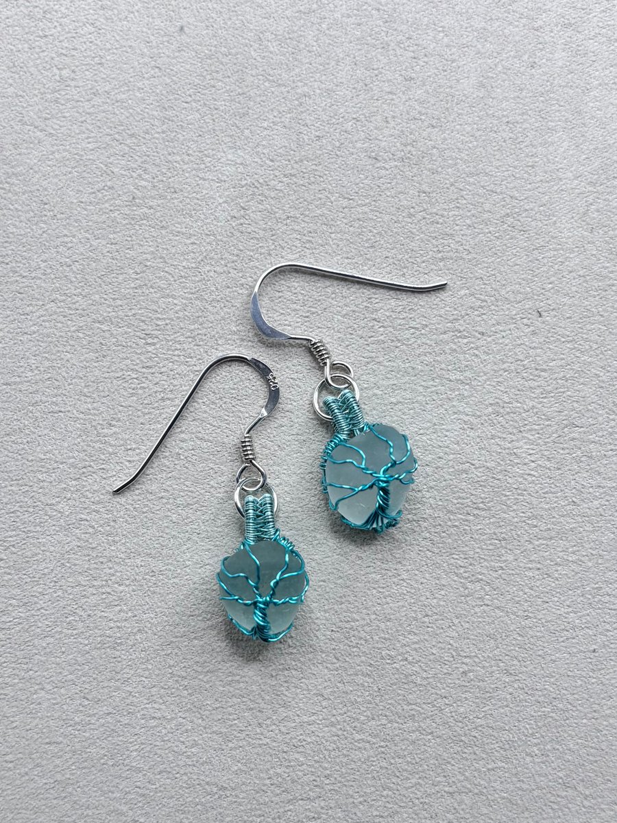 Scottish sea glass Tree of Life Sterling Silver fish hook earrings - Aqua wire
