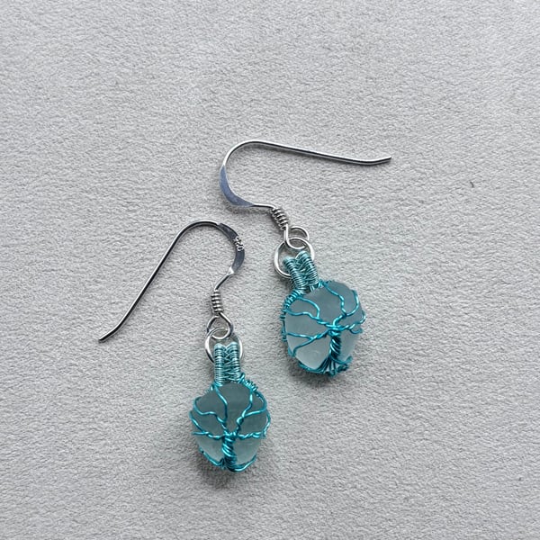 Scottish sea glass Tree of Life Sterling Silver fish hook earrings - Aqua wire