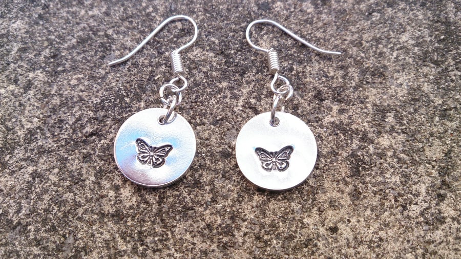 Butterfly Earrings, Hand Stamped