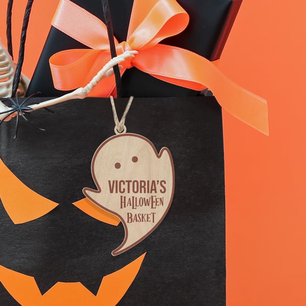Halloween Basket Personalised Name Tag Trick Or Treat Ghost Pumpkin Bat Custom