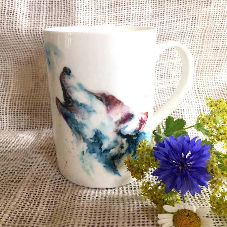 Howling Wolf Watercolour Bone China Mug, China Cup, Gift, Kitchenware, Wildlife 
