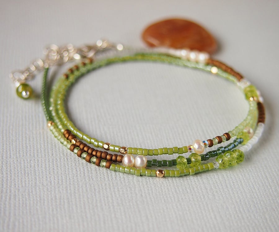 Beaded Wrap Bracelet -Gemstones  Green, Ivory, Bronze, Necklace, Sterling Silver