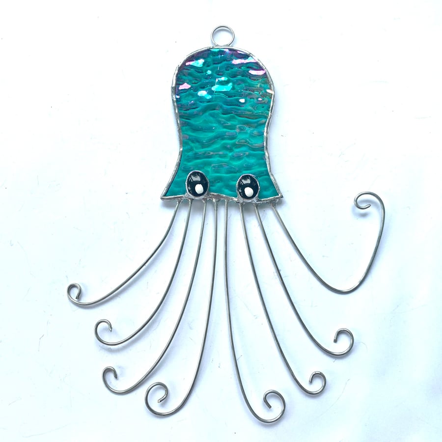 Stained Glass Octopus Suncatcher - Handmade Window Decoration - Teal