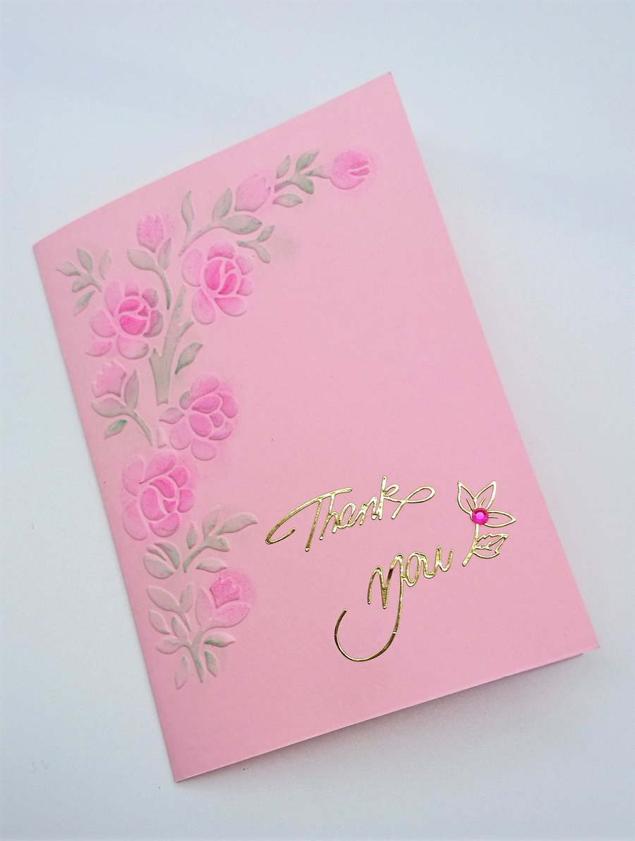 Pink "Thank You" Handmade Card,  Embossed and Hand coloured Flowers FREE P&P UK