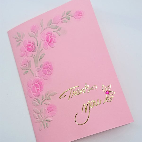 Pink "Thank You" Handmade Card,  Embossed and Hand coloured Flowers FREE P&P UK