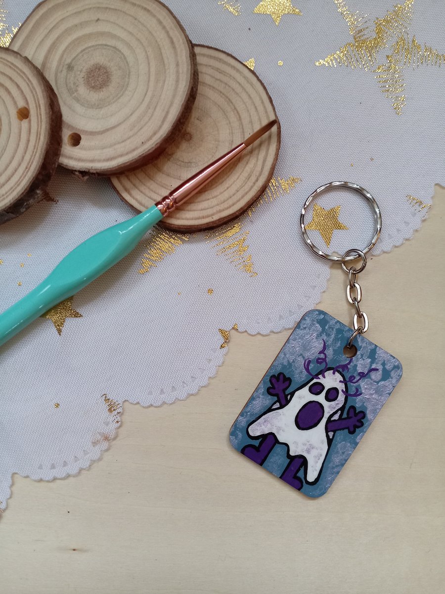 Wooden rectangular weird ghost keyring 
