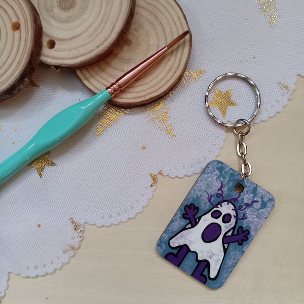 Wooden rectangular weird ghost keyring 