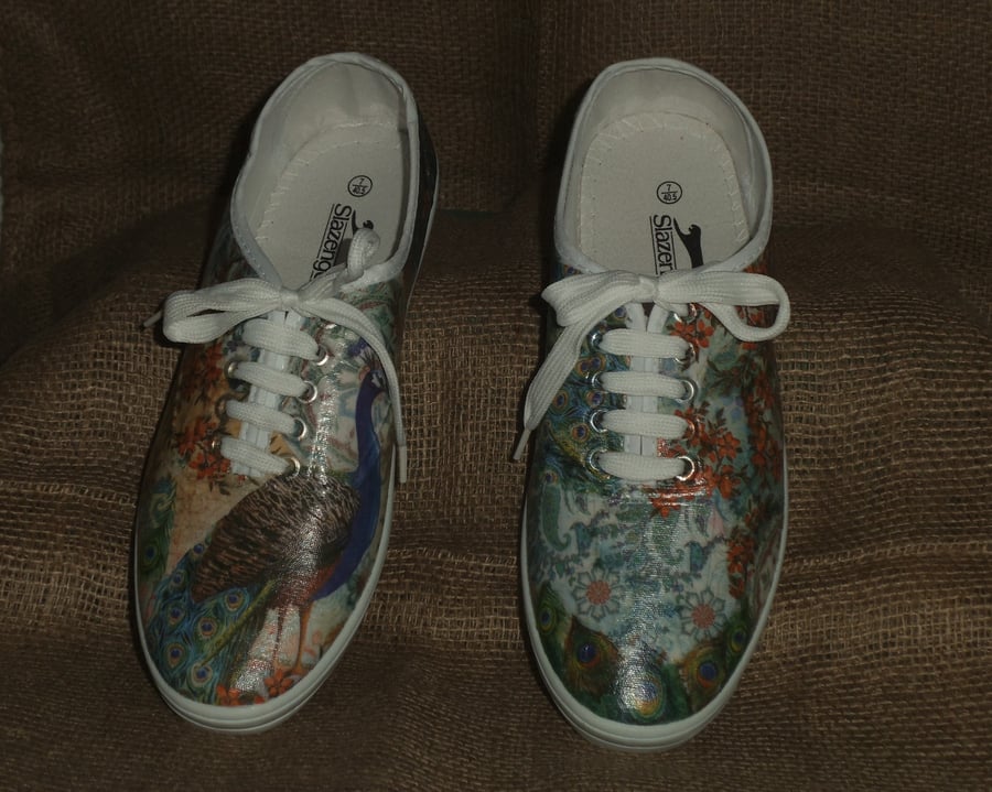 Decorated Canvas Shoes SIZE 7 Peacock Individual Unique Decoupage Unusual Gift 