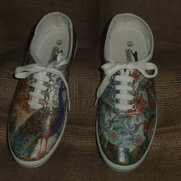 Decorated Canvas Shoes SIZE 7 Peacock Individual Unique Decoupage Unusual Gift 