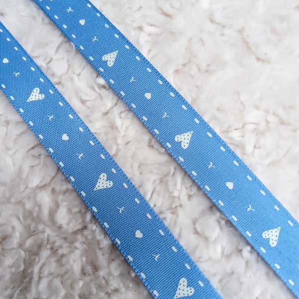1 m pale blue and white HEART 15mm wide GROSGRAIN ribbon for crafting