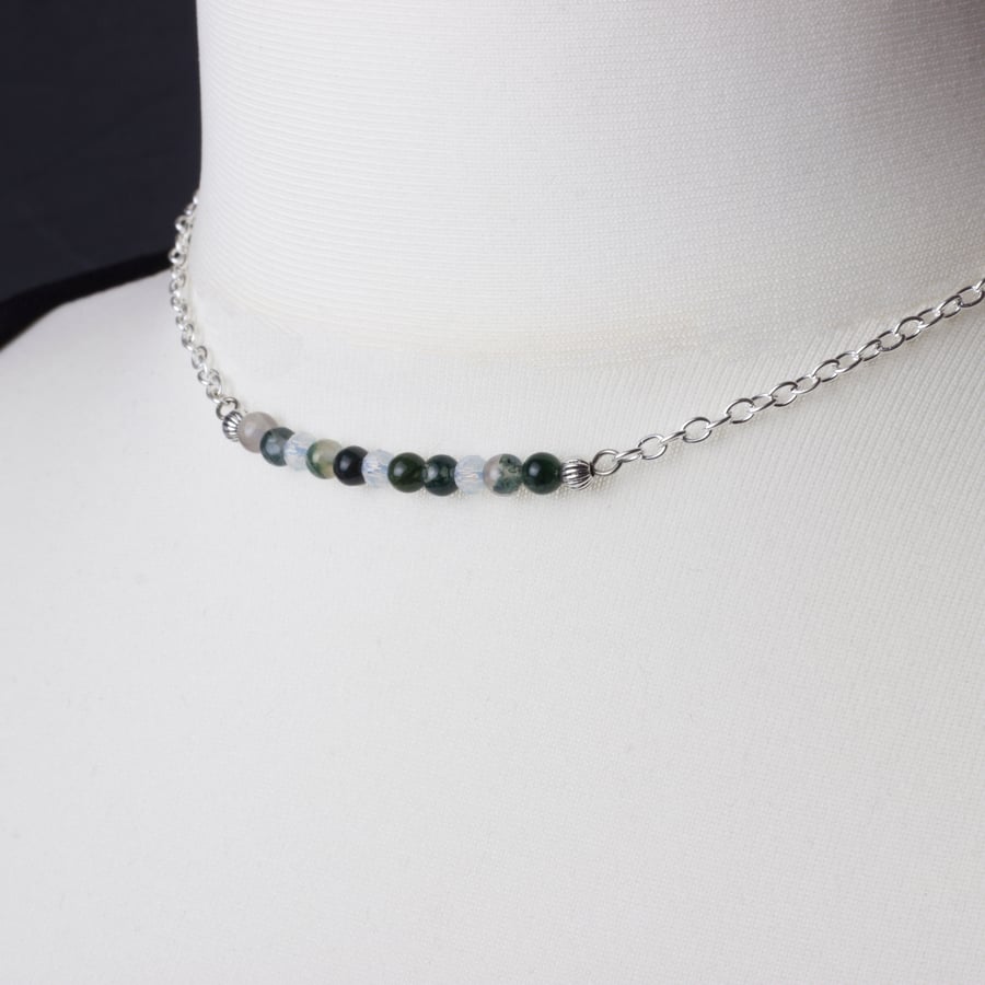 Green Moss Agate bar necklace - Small gemstone and opalite bead 16 inch necklace