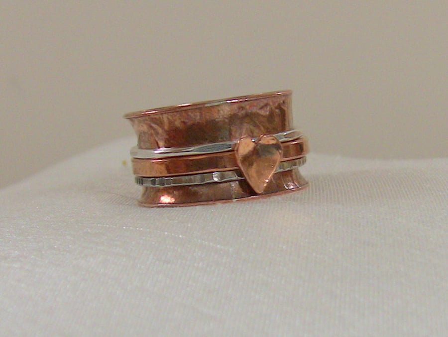 Copper and Sterling Silver Anticlastic Ring with 3 Spinning Bands,  R71G