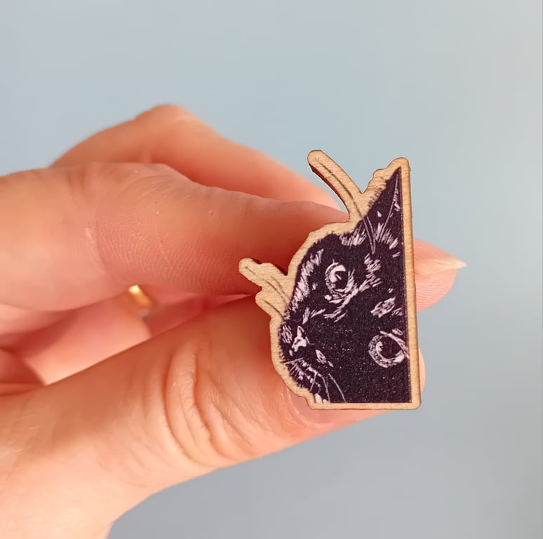 Black Cat Pin Badge - wooden, cute cat, peeping cat, cat lover gift, cat brooch
