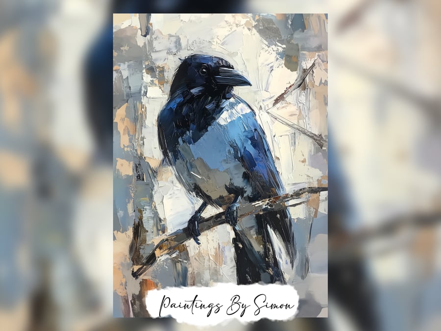 Bold Magpie Perched in Abstract Winter Scene - Print 7" x 5" on Matte Paper