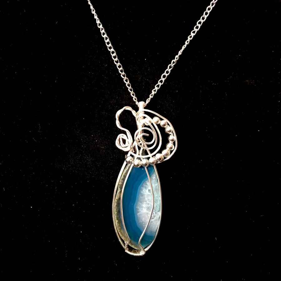 Ocean Agate Slice Pendant, 18” Chain - Wire Wrapped in Silver P