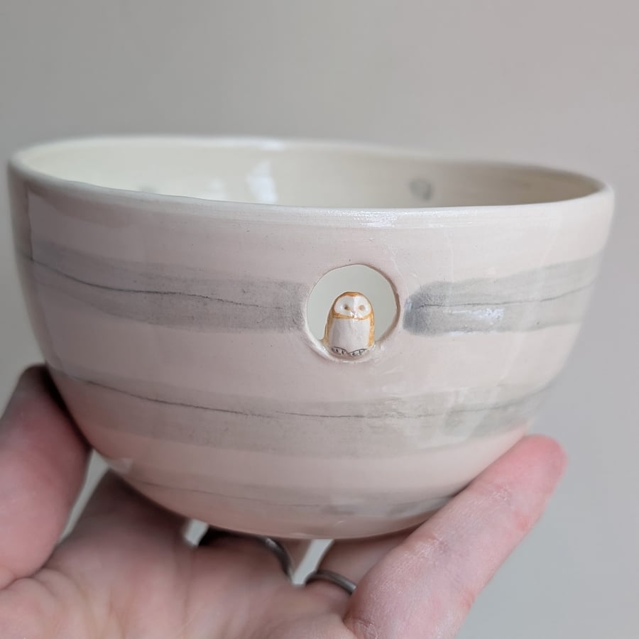 Owl bowl with grey stripes and dots small ceramic handmade dish SECOND