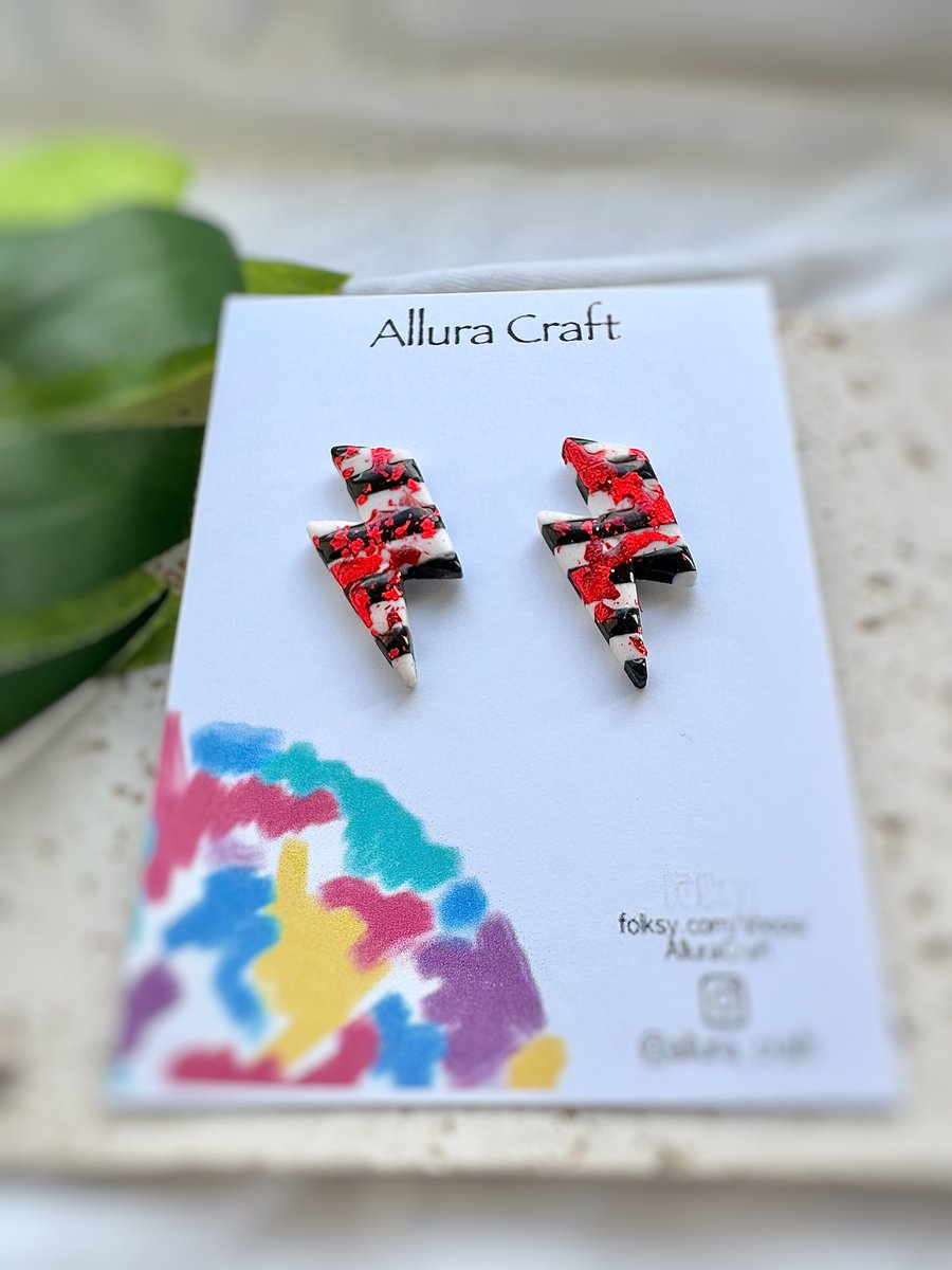 Lightning Bolt Earrings - Black White Stripes with Red