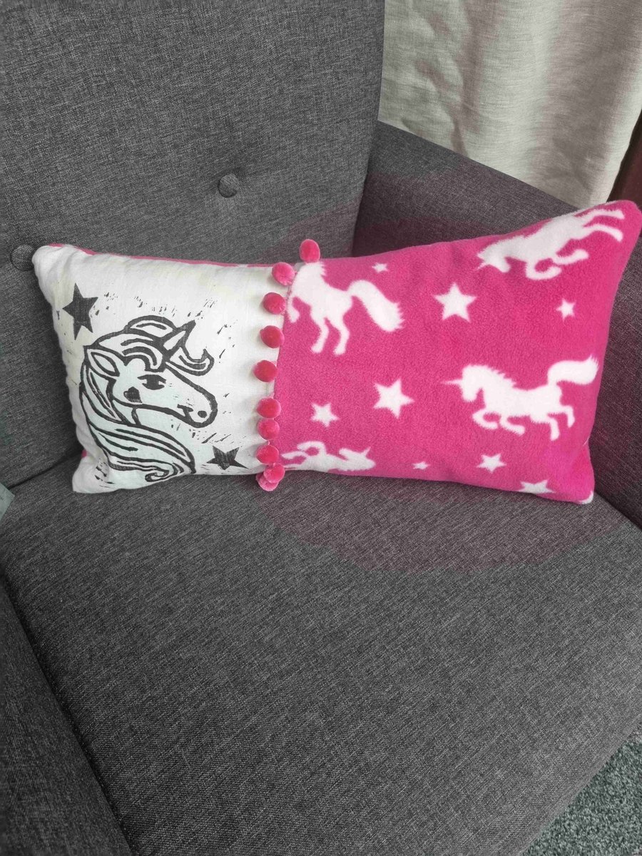 Hand Printed Unicorn Cushion with Pom-poms 
