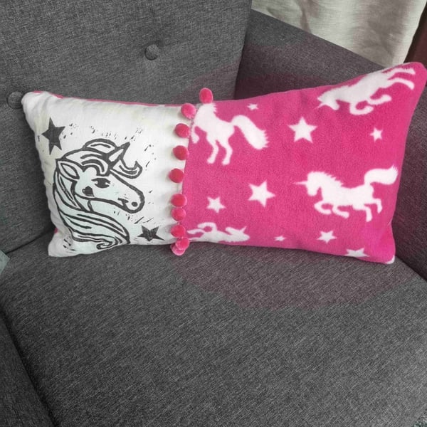 Hand Printed Unicorn Cushion with Pom-poms 