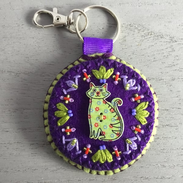 Hand Embroidered Cat Button Keyring or Bag Charm 