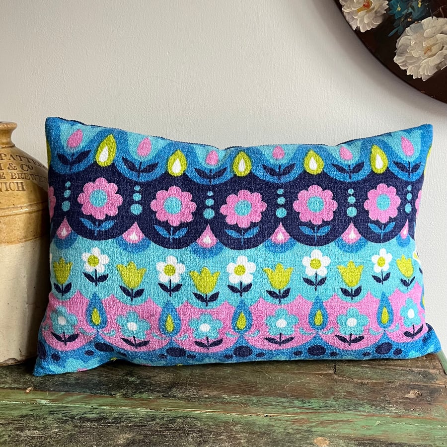 Vintage barkcloth cushion cover with blue cord back camper van cushion sixties