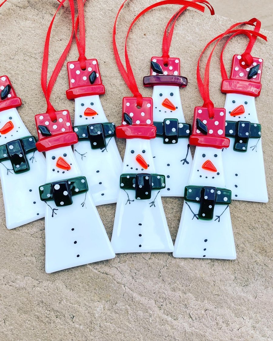 Fused glass snowmen Christmas decorations 
