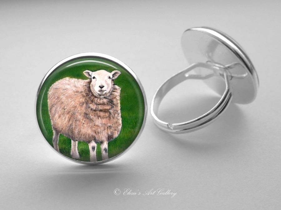 Silver Plated Sheep Art Glass Cabochon Ring