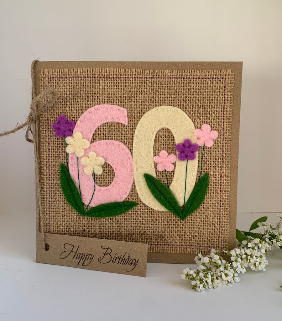 Handmade 60th Birthday Card from wool felt. Keepsake Card. Textile Card.