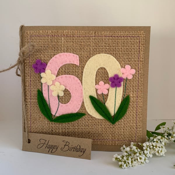 Handmade 60th Birthday Card from wool felt. Keepsake Card. Textile Card.