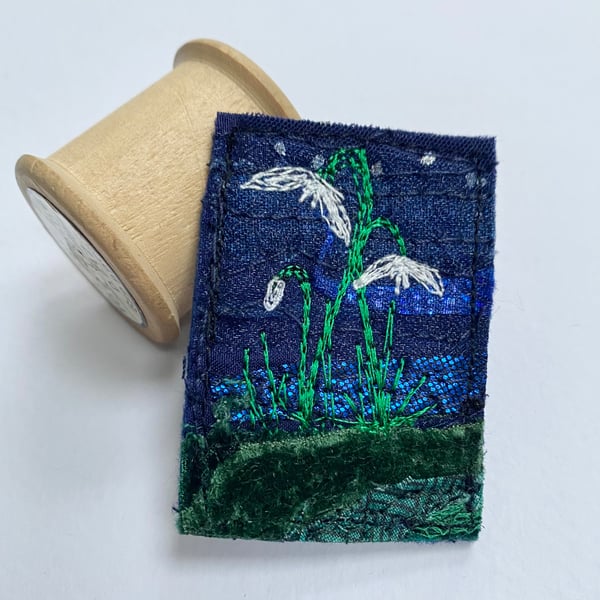 Snowdrop brooch pin or badge. Up-cycled and embroidered. 