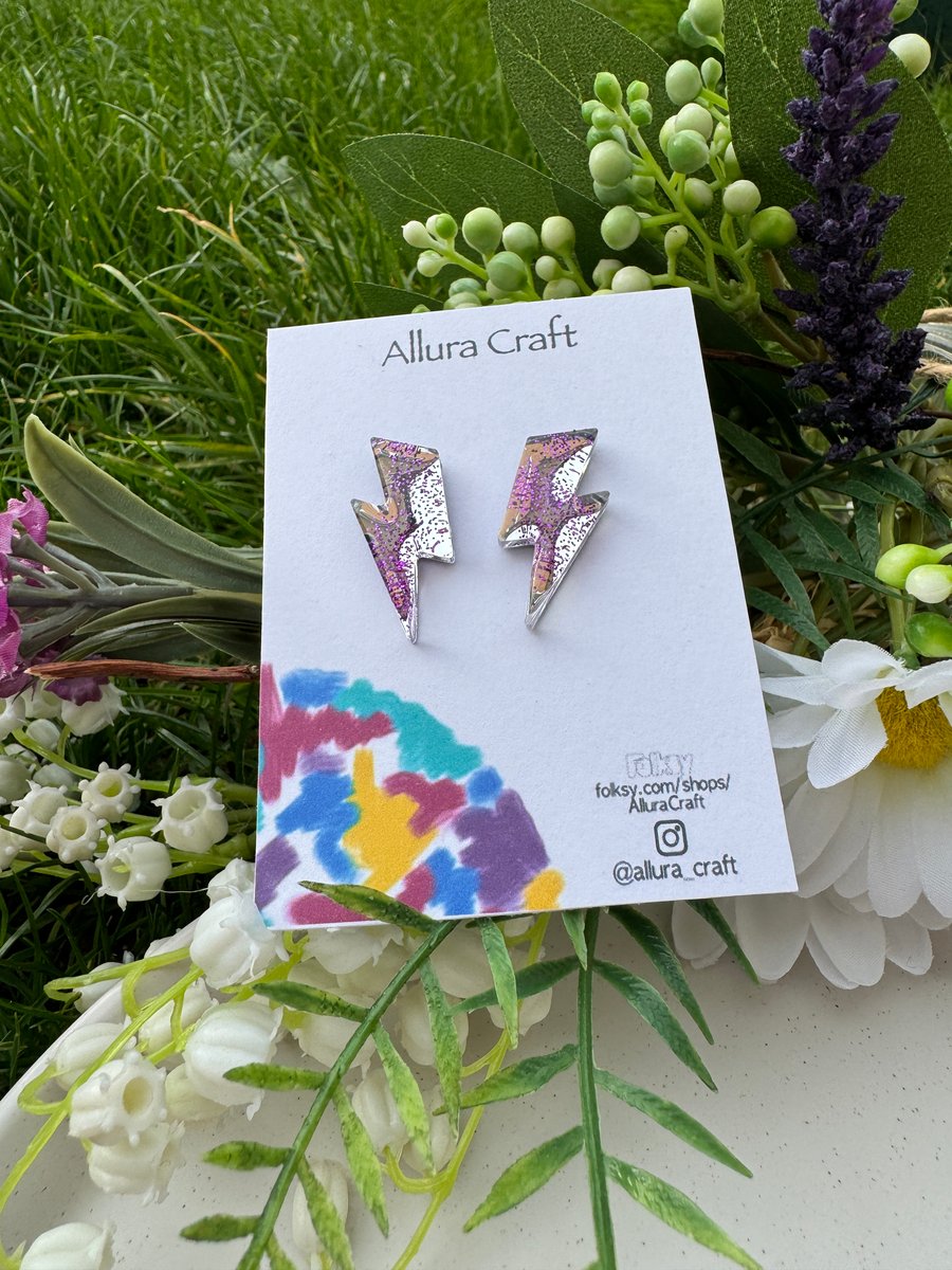 Silver Mirrored Acrylic & Purple Glitter Lightning Bolt Earrings 