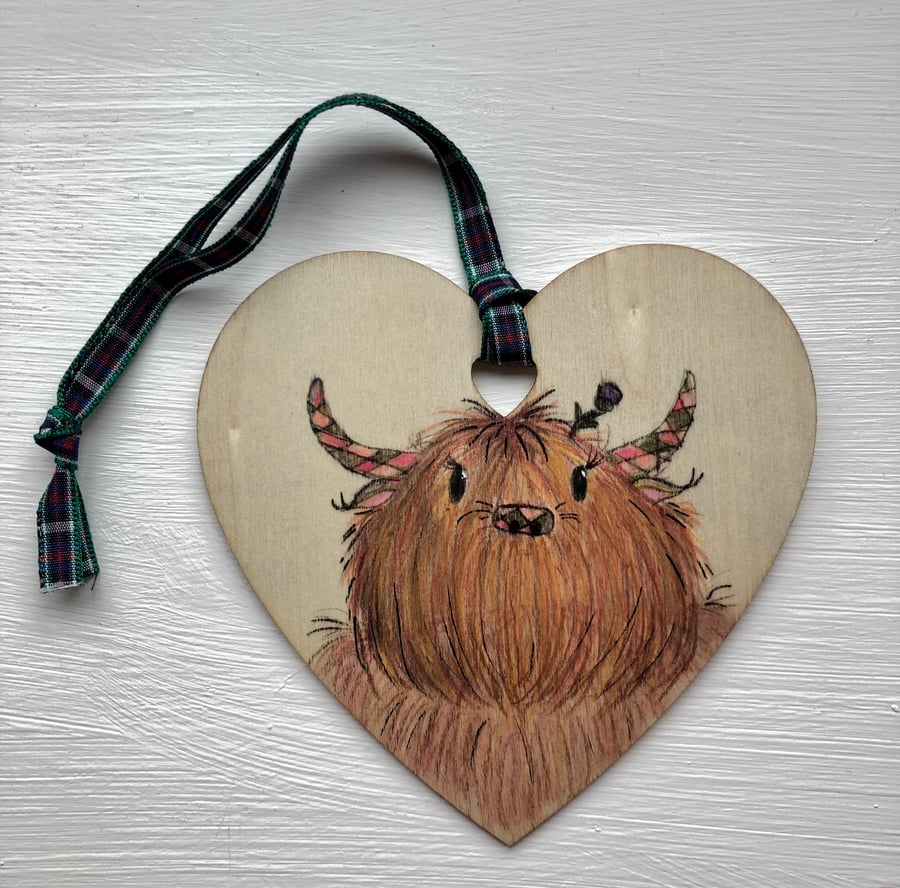 Highland Cow with Tartan Horns and Thistle, Hanging Decoration, Bag Tag