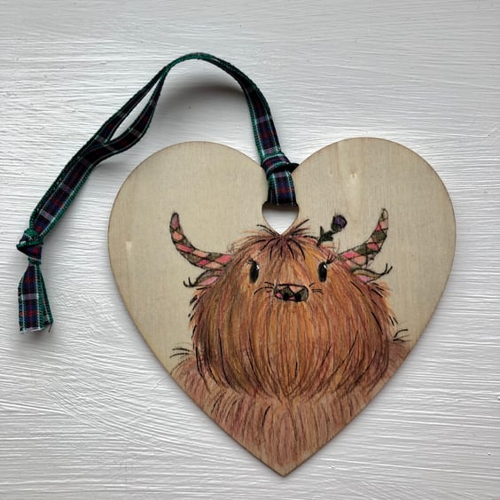 Highland Cow with Tartan Horns and Thistle, Hanging Decoration, Bag Tag