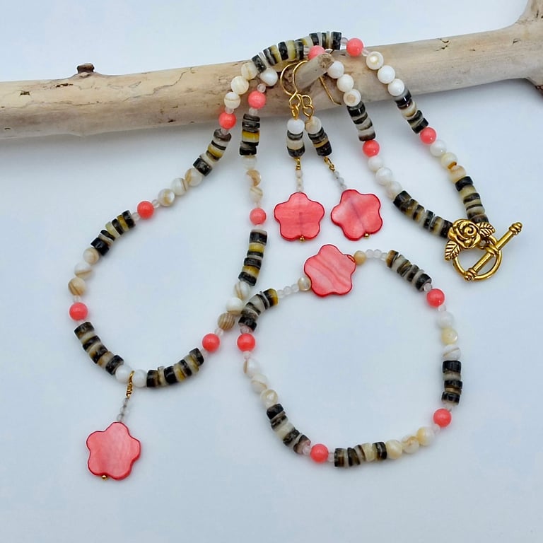 Mother Of Pearl Flower, Coral And Shell Necklace, Bracelet & Earrings Set -Sale