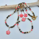 Mother Of Pearl Flower, Coral And Shell Necklace, Bracelet & Earrings Set -Sale