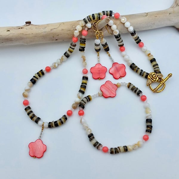 Mother Of Pearl Flower, Coral And Shell Necklace, Bracelet & Earrings Set -Sale