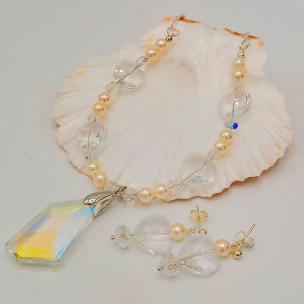 Beautiful Bundle, Crystal Pendant on a Pearl and Crystal Necklace and Earrings