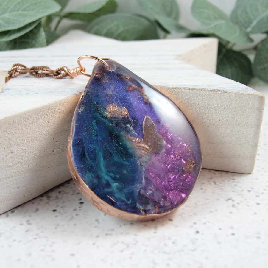 Hanging Decoration, Butterfly Garden Resin and Copper with Inks and Metal Leaf 