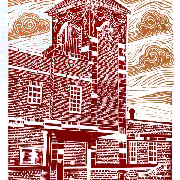 Nuneaton Railway Station Clock Tower, linocut print