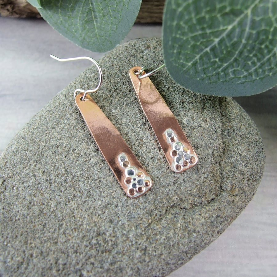 Earrings,  Copper and Sterling Silver Decorated Dropper Earrings