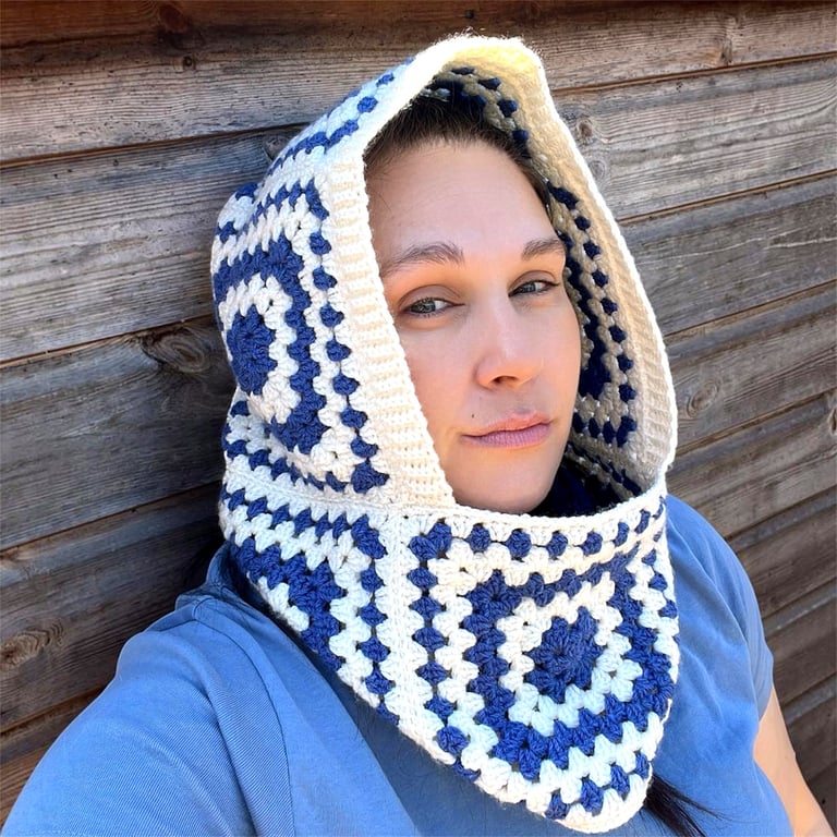 Handmade Crochet Granny Square Balaclava Hood - Cream & Denim Blue -  Ski